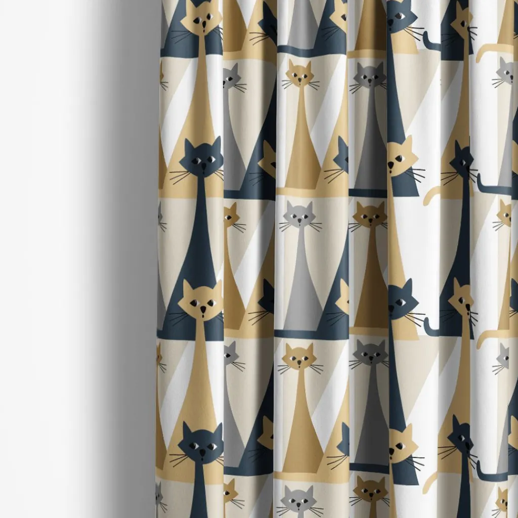 Arvidssons textil Gardintyger Mönstrade|Arvidssons Textil|Kitty beige-grå tyg med retro katter