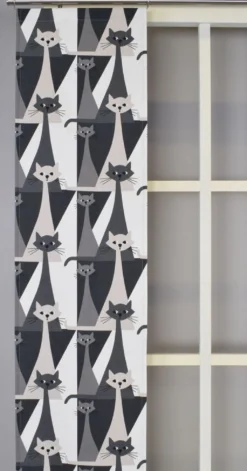 Arvidssons textil Panelgardiner|Kitty grå panelgardiner med retro katter