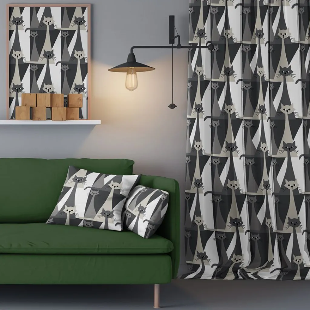 Arvidssons textil Gardintyger Mönstrade|Arvidssons Textil|Kitty grå tyg med retro katter