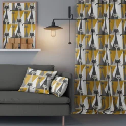 Arvidssons textil Gardiner Mönstrade|Kitty gul gardiner med retro katter