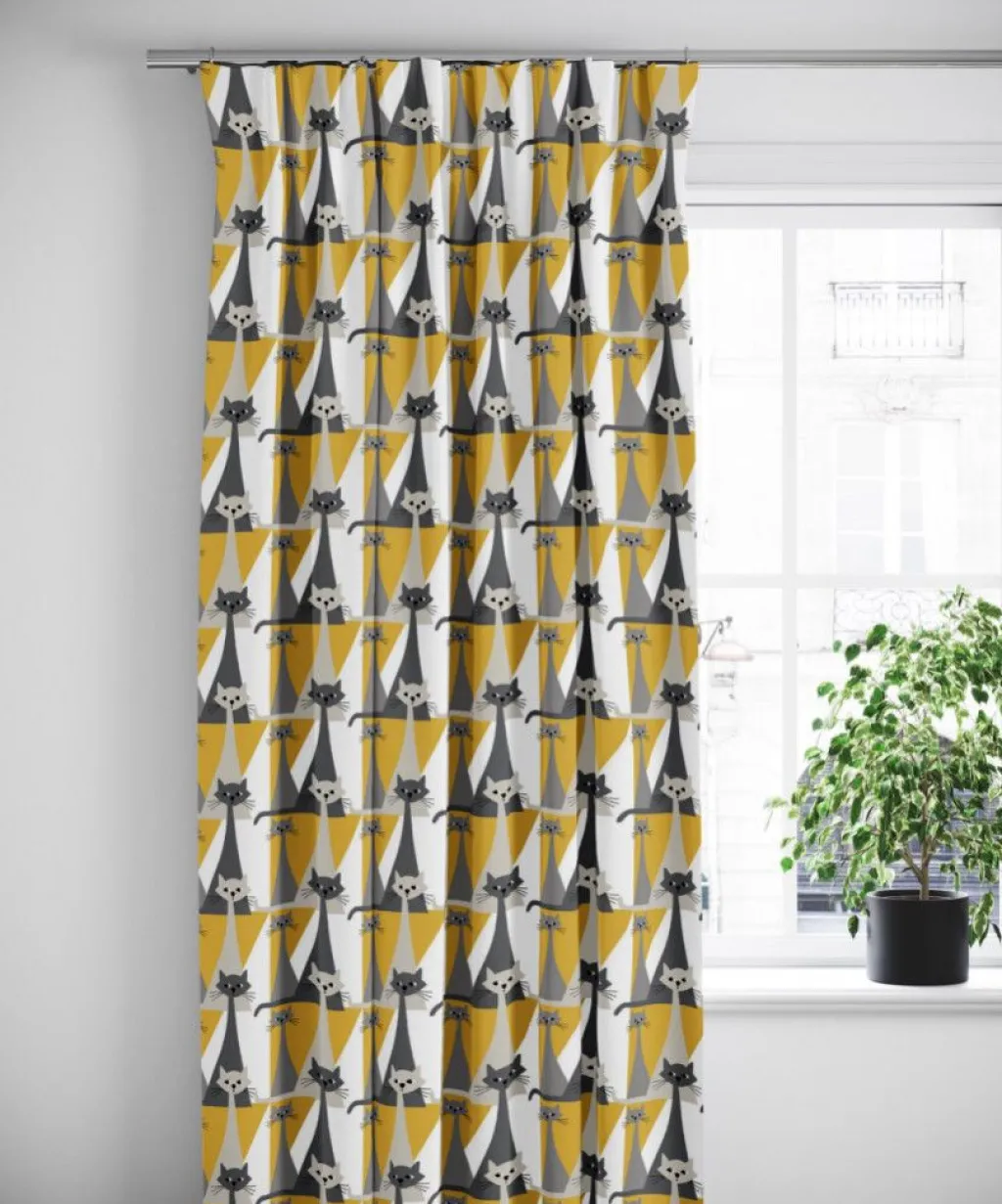 Arvidssons textil Gardiner Mönstrade|Kitty gul gardiner med retro katter