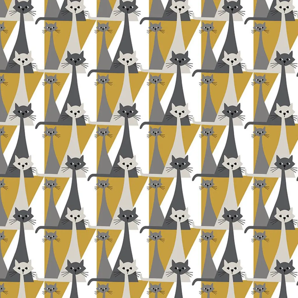Arvidssons textil Gardintyger Mönstrade|Arvidssons Textil|Kitty gul tyg med retro katter