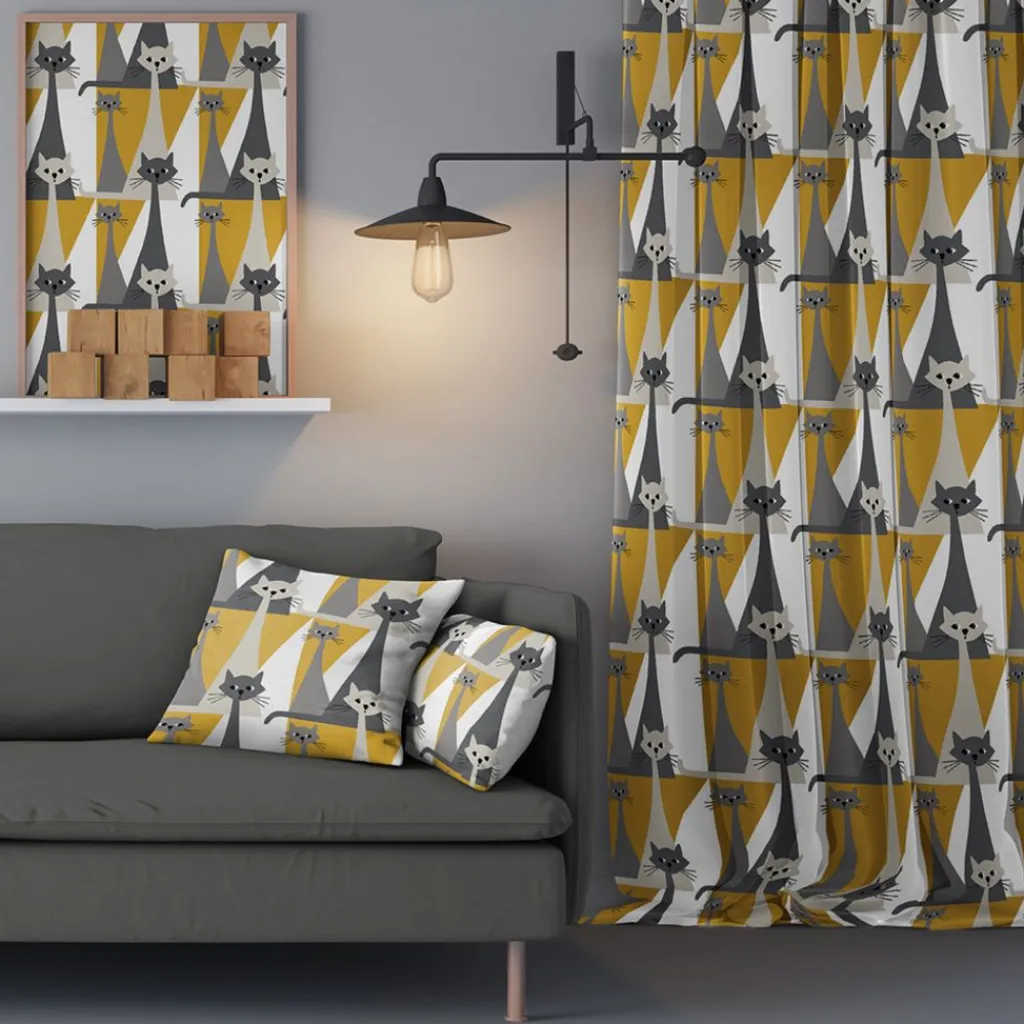Arvidssons textil Gardintyger Mönstrade|Arvidssons Textil|Kitty gul tyg med retro katter