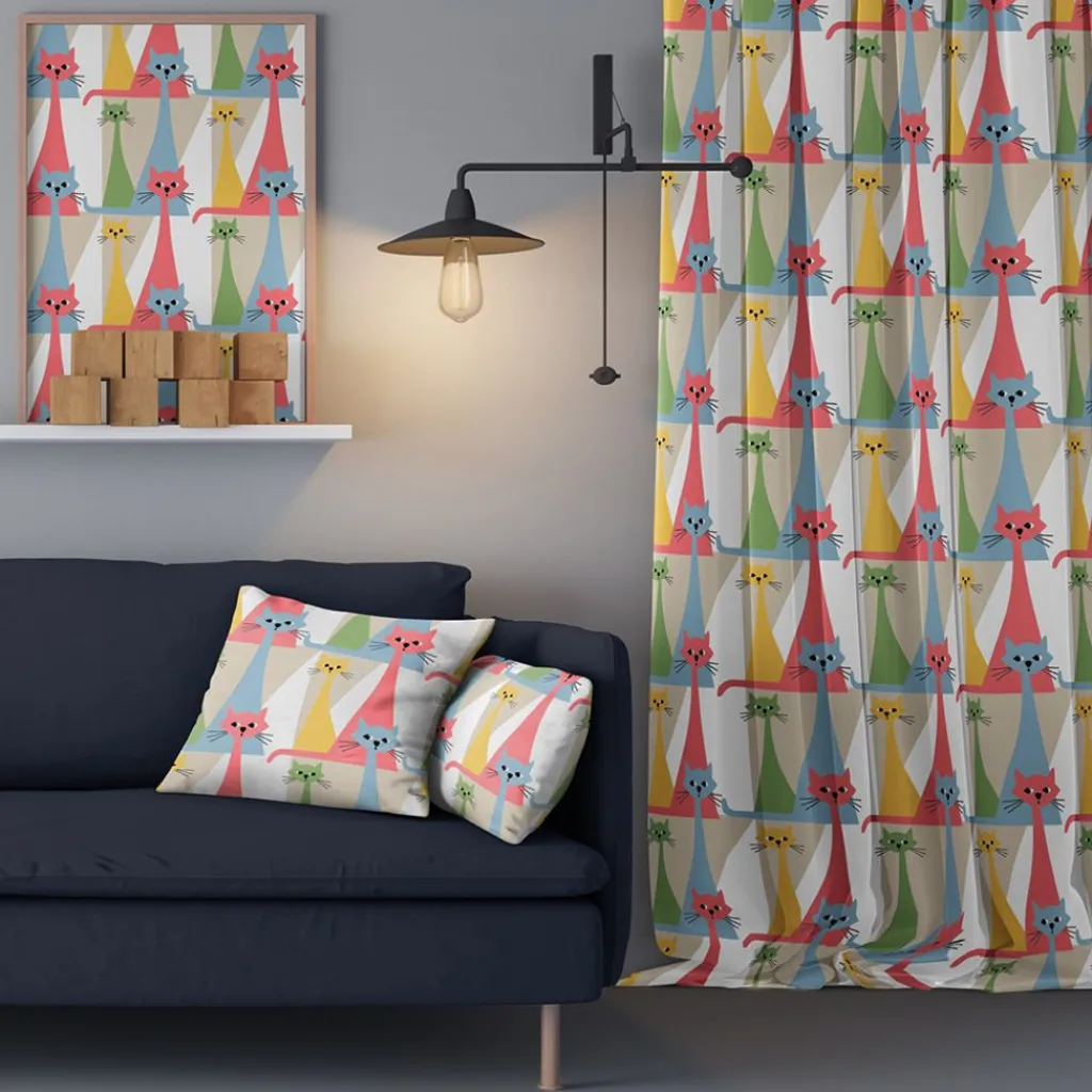 Arvidssons textil Gardintyger Mönstrade|Arvidssons Textil|Kitty multi tyg med retro katter