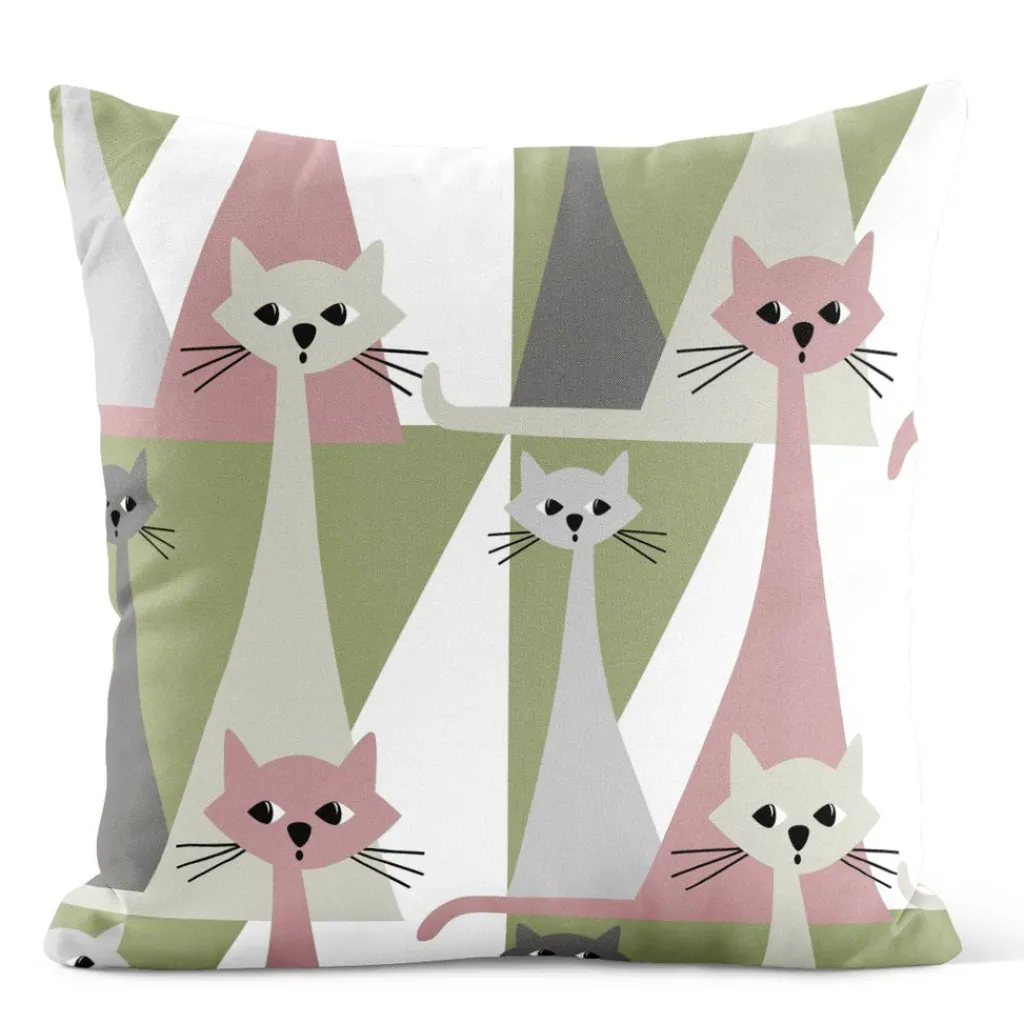 Arvidssons textil Mönstrade Kuddfodral|Kitty rosa kuddfodral med retro katter