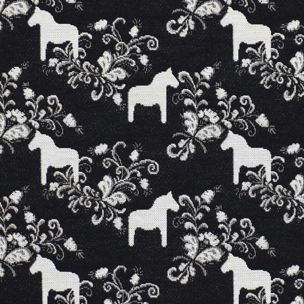 Arvidssons textil Mönstrade Möbeltyger|Kurbits mini svart-grå jacquardtyg med dalahästar