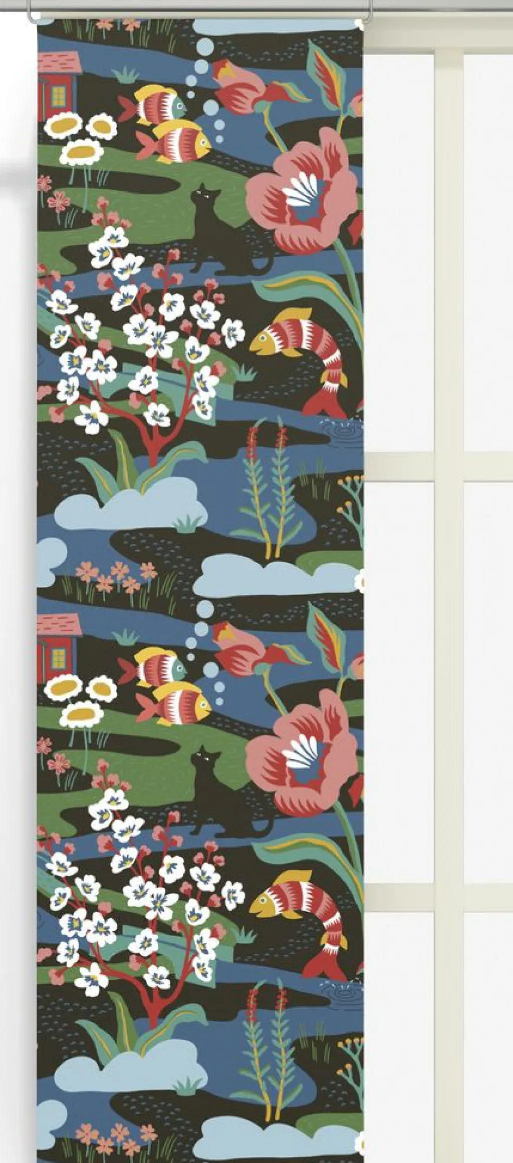 Arvidssons textil Panelgardiner|Landet bubblar svart-multi panelgardin – Färgsprakande saga i textil