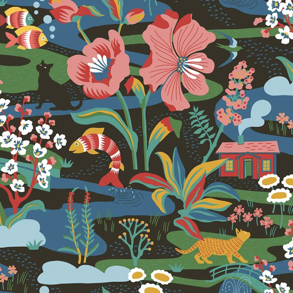 Arvidssons textil Gardintyger Mönstrade|Arvidssons Textil|Landet Bubblar svart-multi tyg