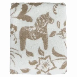 Arvidssons textil Ullplädar|Leksand beige ullpläd 130x170 cm – dalahästar i 100% ull