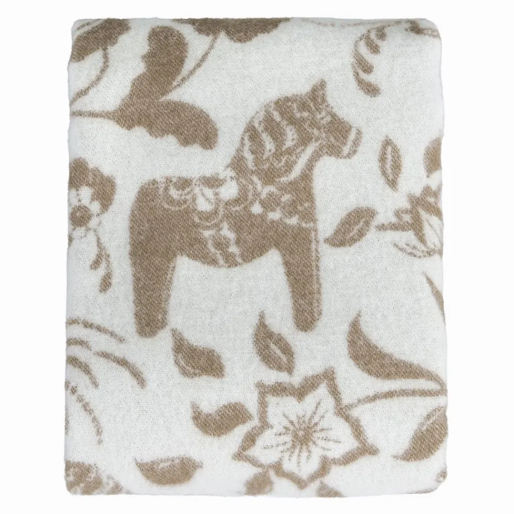 Arvidssons textil Ullplädar|Leksand beige ullpläd 130x170 cm – dalahästar i 100% ull