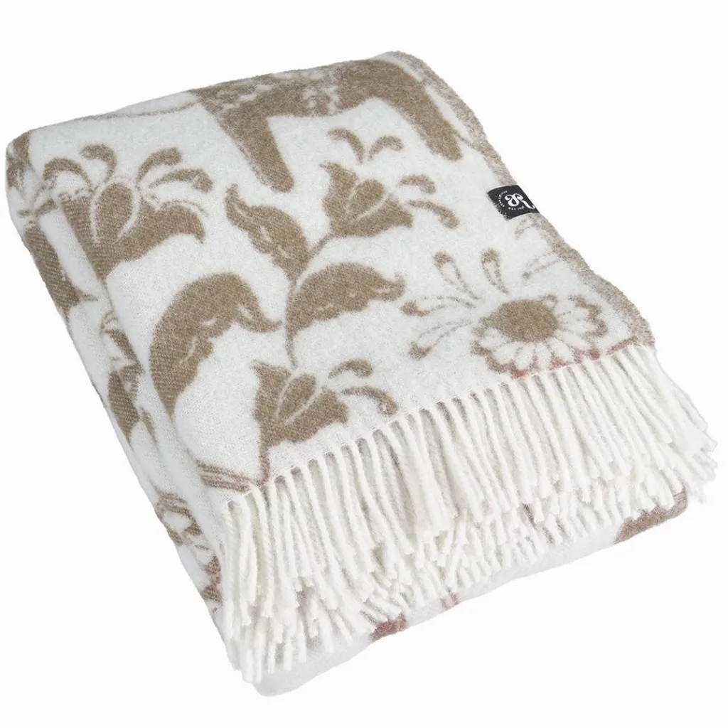 Arvidssons textil Ullplädar|Leksand beige ullpläd 130x170 cm – dalahästar i 100% ull