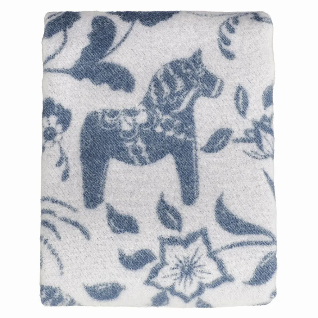 Arvidssons textil Ullplädar|Leksand blå ullpläd 130x170 cm – dalahästar i 100% ull