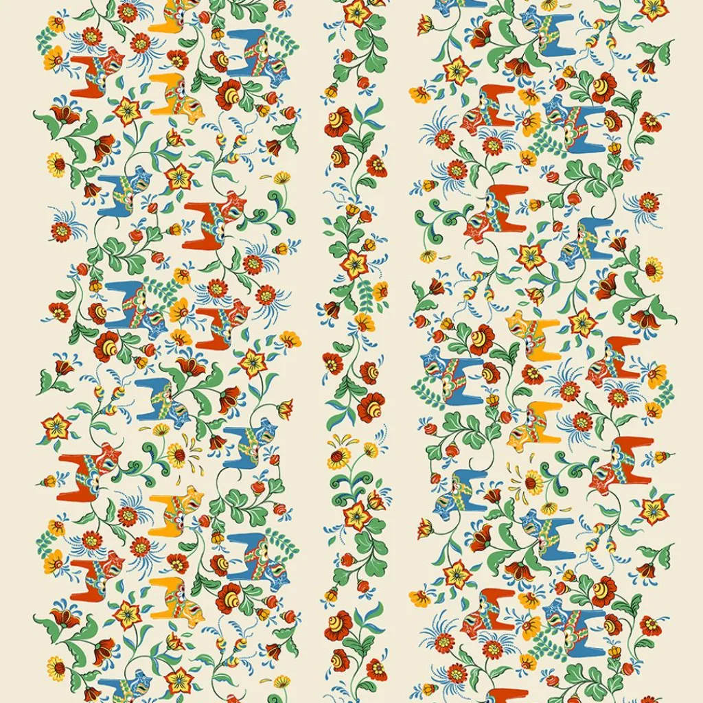 Arvidssons textil Gardintyger Mönstrade|Arvidssons Textil|Leksand bård natur tyg med traditionellt dalahästtryck