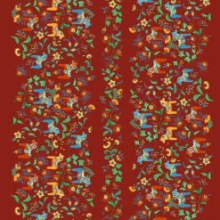 Arvidssons textil Gardintyger Mönstrade|Arvidssons Textil|Leksand bård röd tyg med traditionellt dalahästtryck