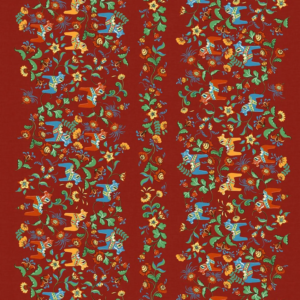 Arvidssons textil Gardintyger Mönstrade|Arvidssons Textil|Leksand bård röd tyg med traditionellt dalahästtryck