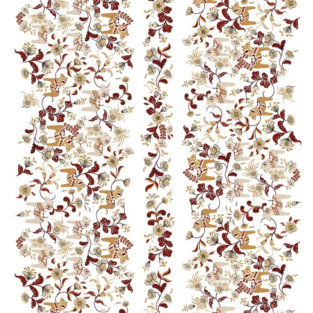 Arvidssons textil Gardintyger Mönstrade|Arvidssons Textil|Leksand Bård Vinröd Tyg med Traditionellt Dalahästtryck