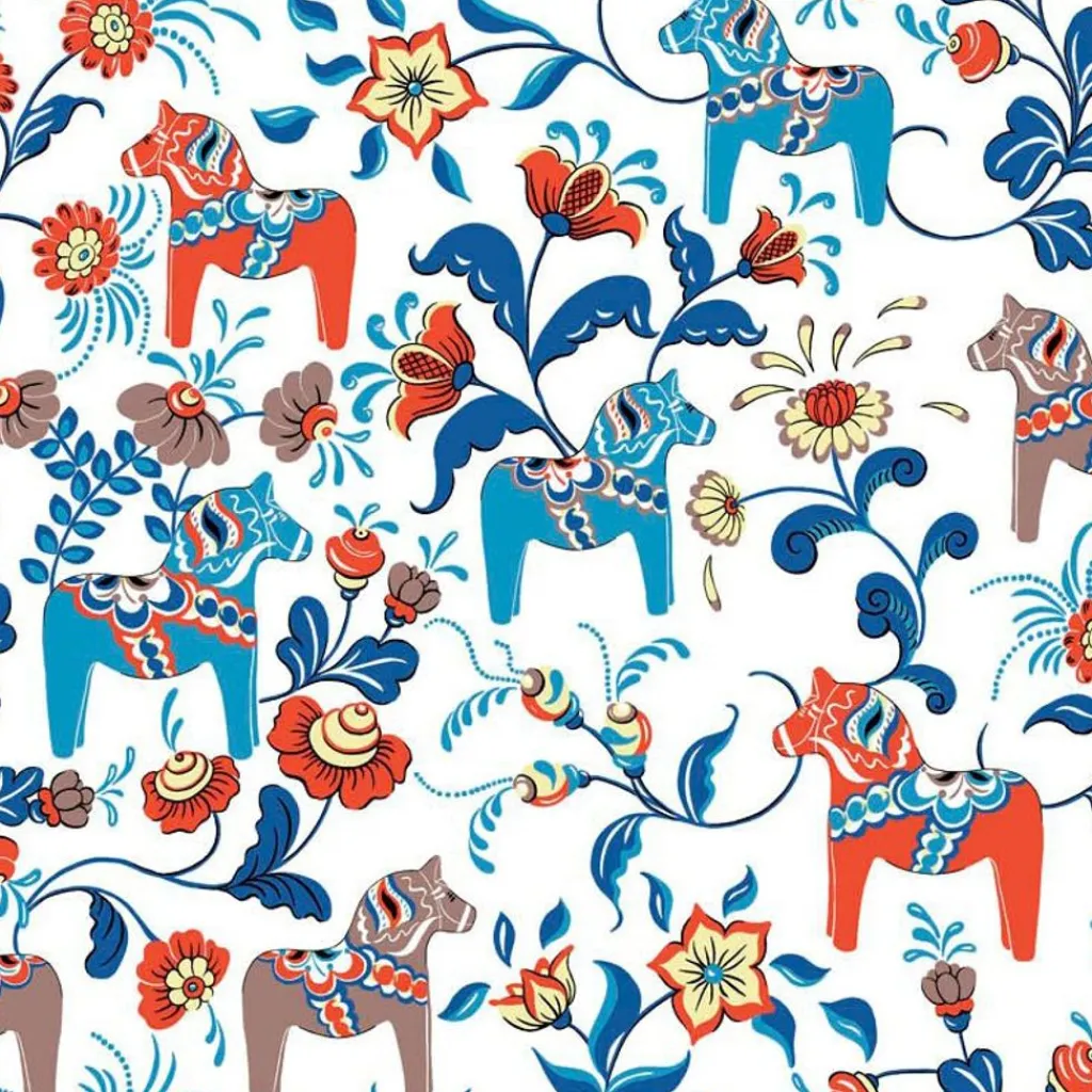 Arvidssons textil Gardintyger Mönstrade|Arvidssons Textil|Leksand dalablå tyg med traditionellt dalahästtryck