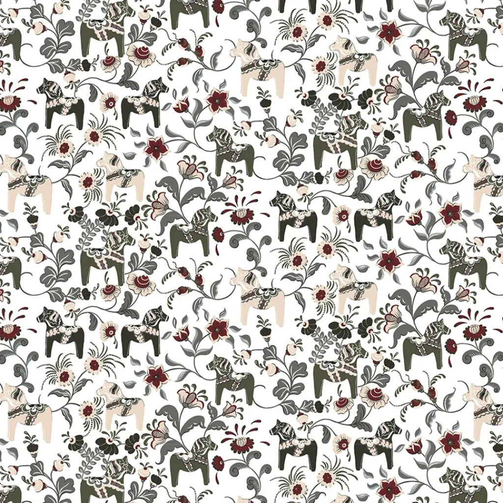 Arvidssons textil Gardintyger Mönstrade|Arvidssons Textil|Leksand grön tyg med traditionellt dalahästtryck