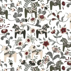 Arvidssons textil Gardintyger Mönstrade|Arvidssons Textil|Leksand grön tyg med traditionellt dalahästtryck