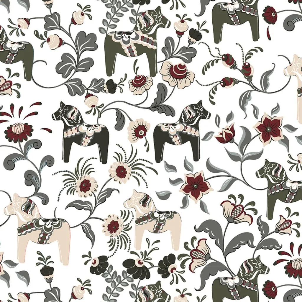 Arvidssons textil Gardintyger Mönstrade|Arvidssons Textil|Leksand grön tyg med traditionellt dalahästtryck