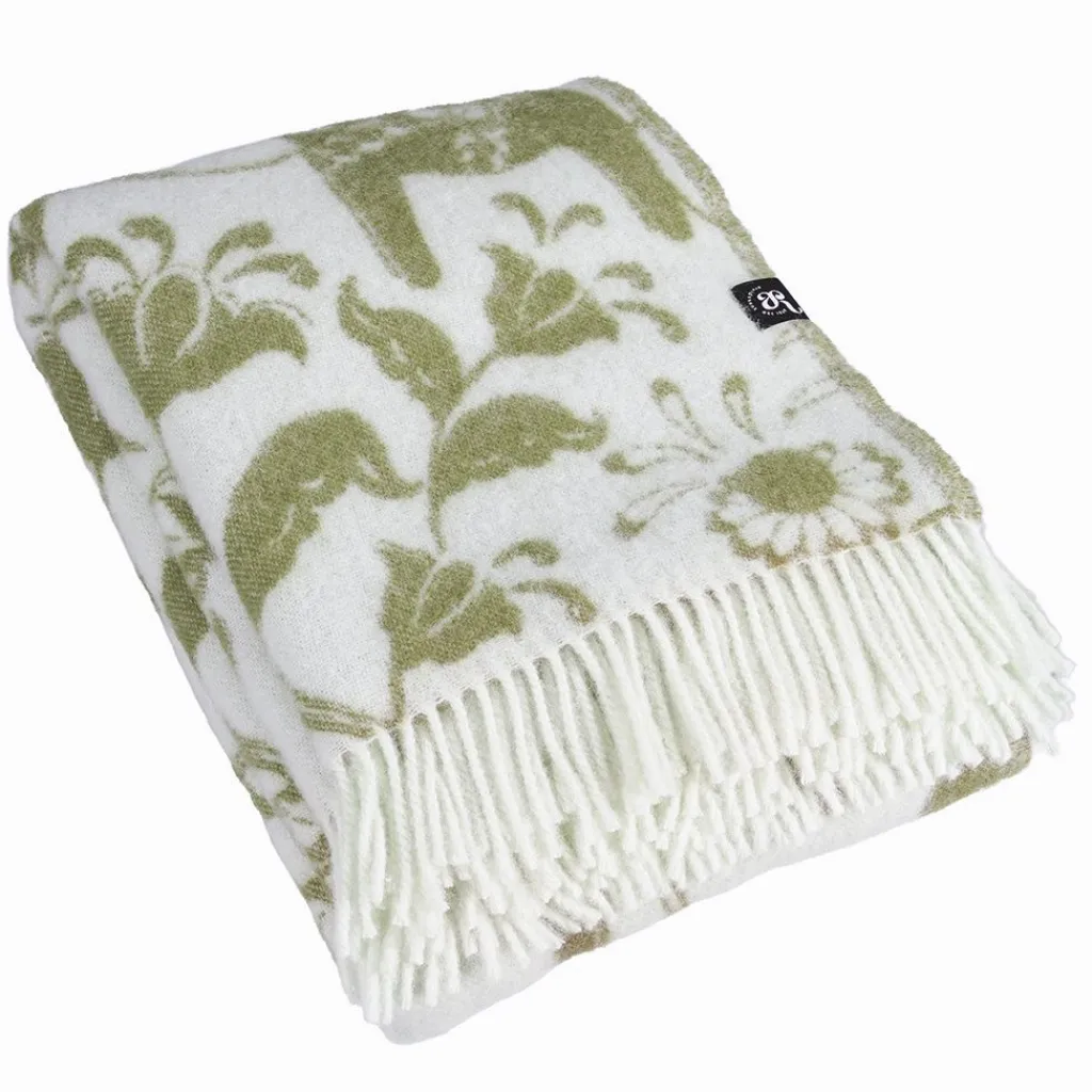Arvidssons textil Ullplädar|Leksand grön ullpläd 130x170 cm – dalahästar i 100% ull