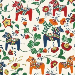 Arvidssons textil Gardintyger Mönstrade|Arvidssons Textil|Leksand natur tyg med traditionellt dalahästtryck