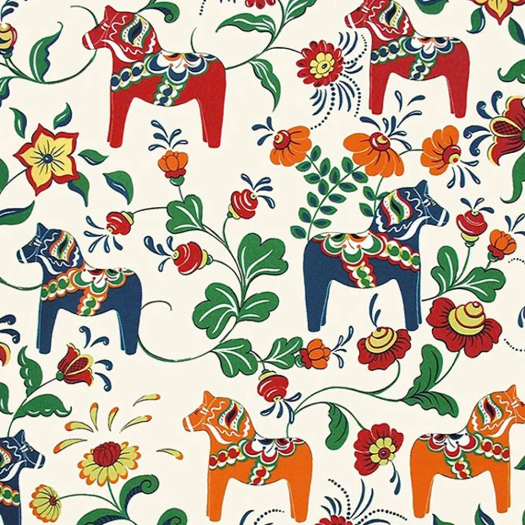 Arvidssons textil Gardintyger Mönstrade|Arvidssons Textil|Leksand natur tyg med traditionellt dalahästtryck