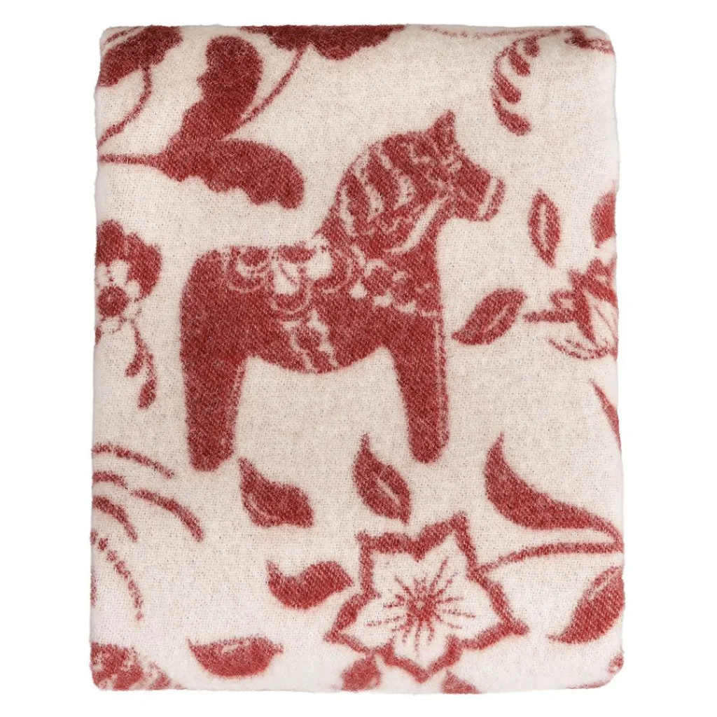 Arvidssons textil Ullplädar|Leksand röd ullpläd 130x170cm – dalahästar i 100% ull