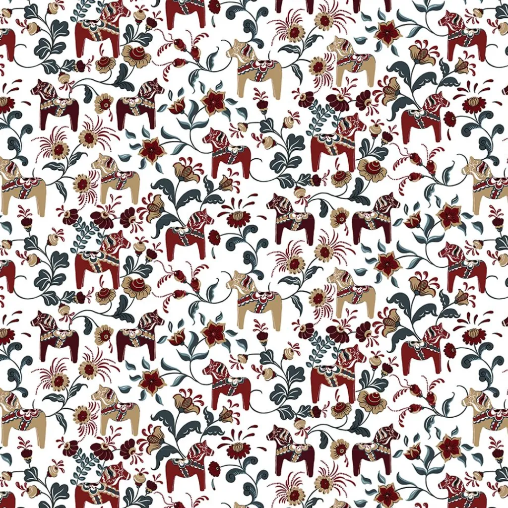 Arvidssons textil Gardintyger Mönstrade|Arvidssons Textil|Leksand vinröd-petrol tyg med traditionellt dalahästtryck