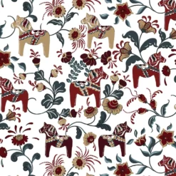 Arvidssons textil Gardintyger Mönstrade|Arvidssons Textil|Leksand vinröd-petrol tyg med traditionellt dalahästtryck