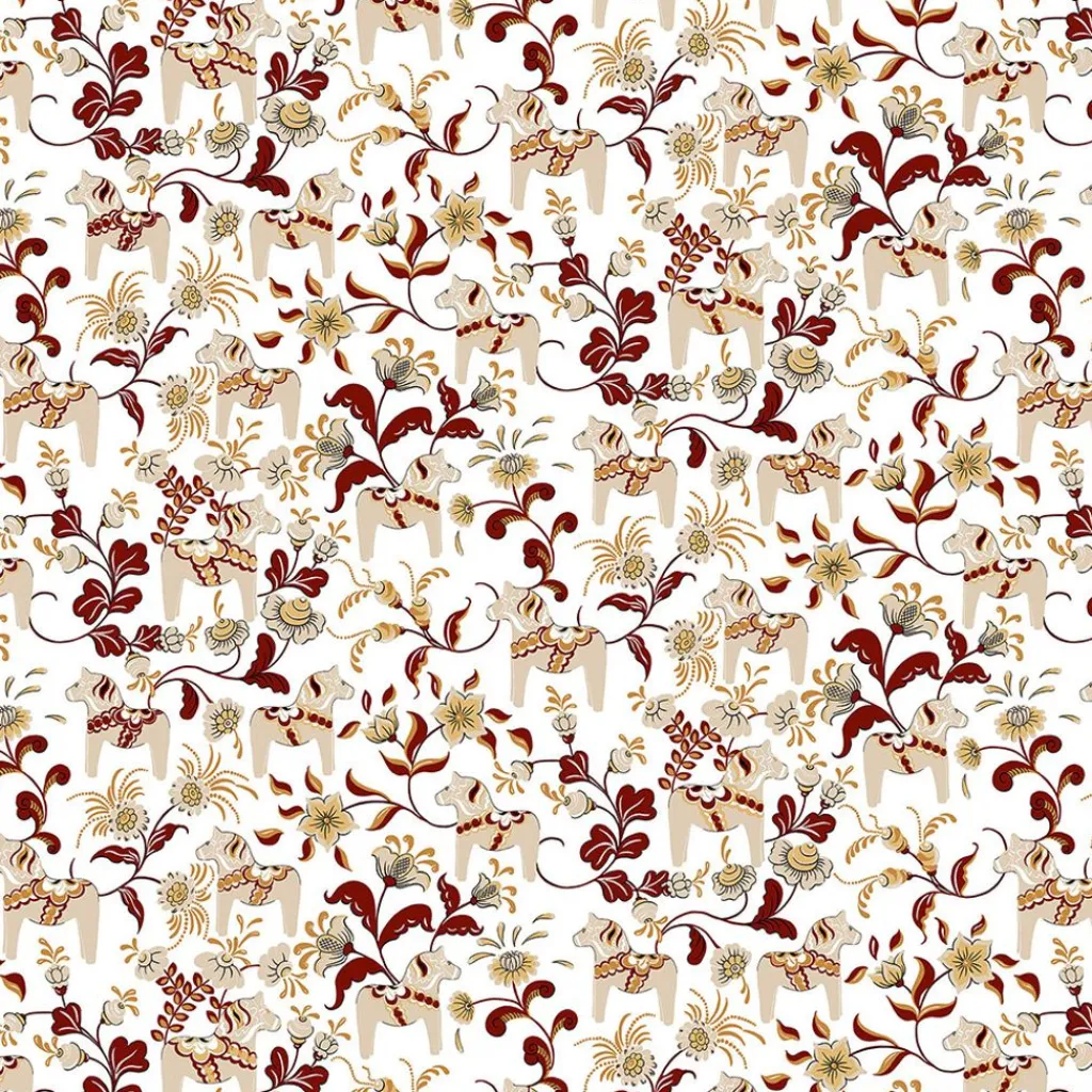 Arvidssons textil Gardintyger Mönstrade|Arvidssons Textil|Leksand vinröd tyg med traditionellt dalahästtryck