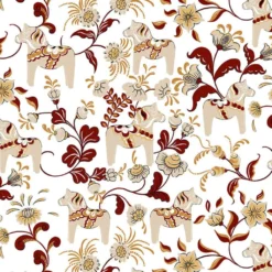 Arvidssons textil Gardintyger Mönstrade|Arvidssons Textil|Leksand vinröd tyg med traditionellt dalahästtryck