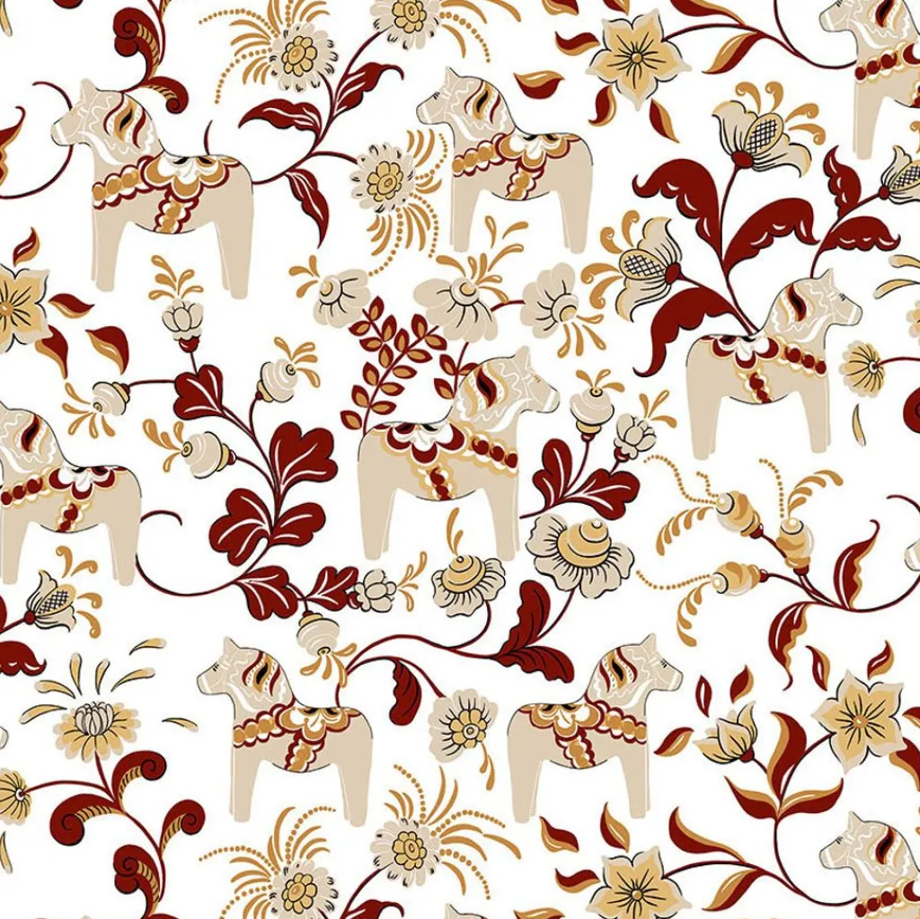 Arvidssons textil Gardintyger Mönstrade|Arvidssons Textil|Leksand vinröd tyg med traditionellt dalahästtryck