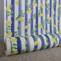 Gardintyger Mönstrade|Lemon stripe tyg - ränder och citroner