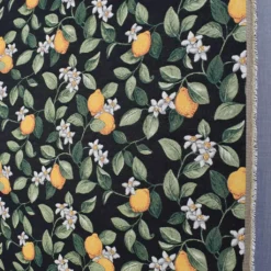 Blommiga Möbeltyger|Mönstrade Möbeltyger|Lemon svart jaquard möbeltyg med citroner