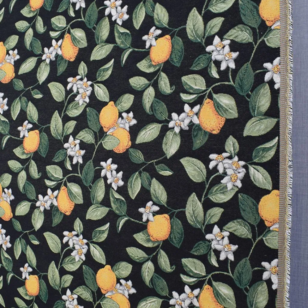Blommiga Möbeltyger|Mönstrade Möbeltyger|Lemon svart jaquard möbeltyg med citroner