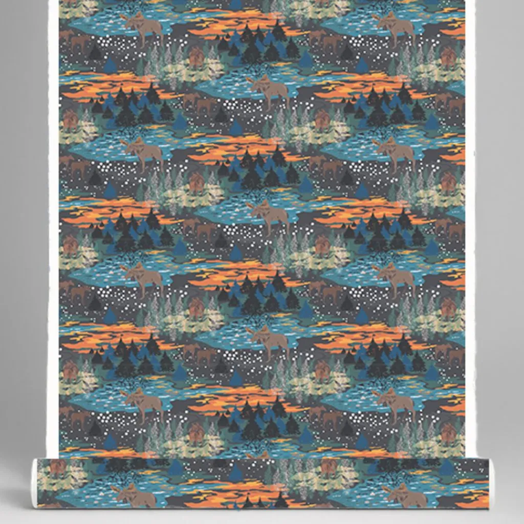Arvidssons textil Gardintyger Mönstrade|Arvidssons Textil|Älgrike brun/orange - tyg med älgar och Skog i höstiga färger