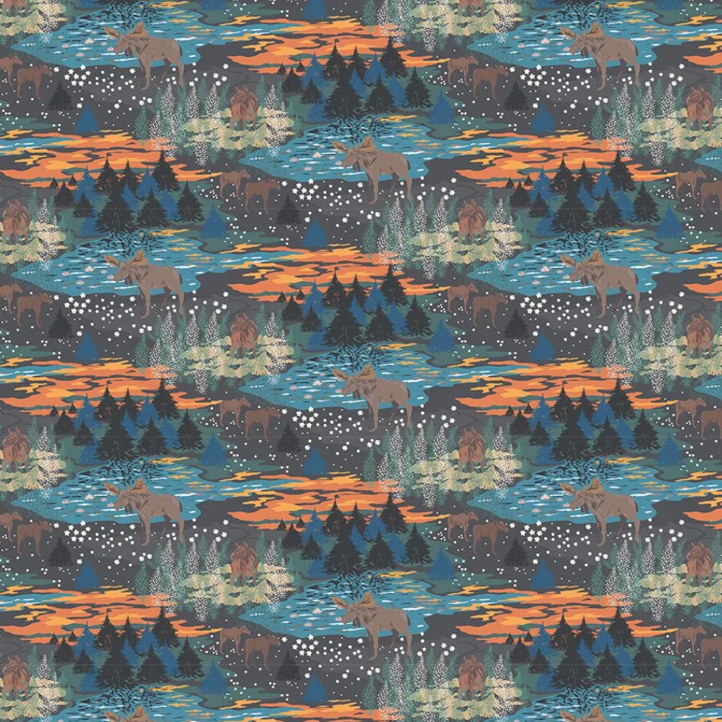 Arvidssons textil Gardintyger Mönstrade|Arvidssons Textil|Älgrike brun/orange - tyg med älgar och Skog i höstiga färger