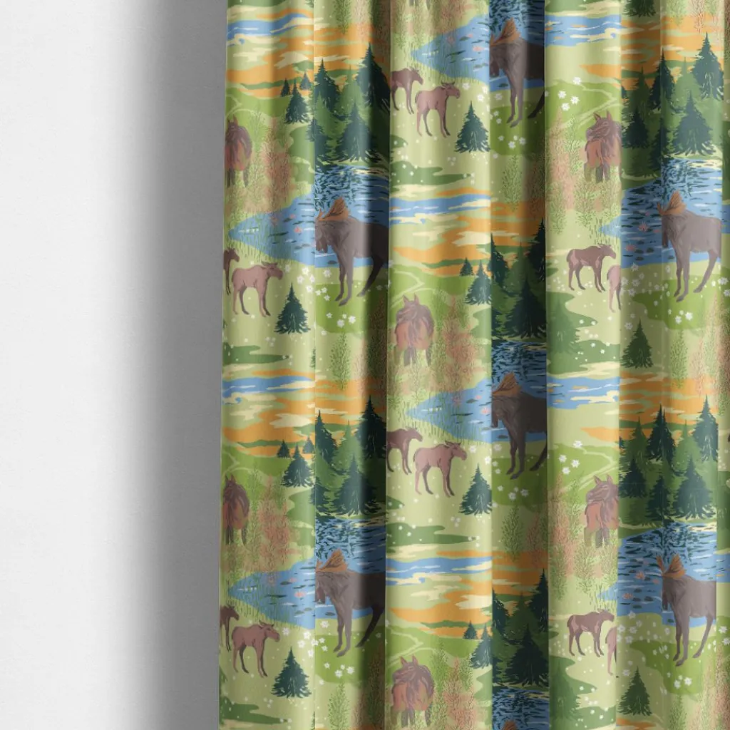 Arvidssons textil Gardintyger Mönstrade|Arvidssons Textil|Älgrike grön tyg – Grön Tyg med Älgar och Skog