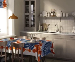 Arvidssons textil Bordsduk|Lisette blå/orange bordsduk - en dekorativ duk med mjuka former