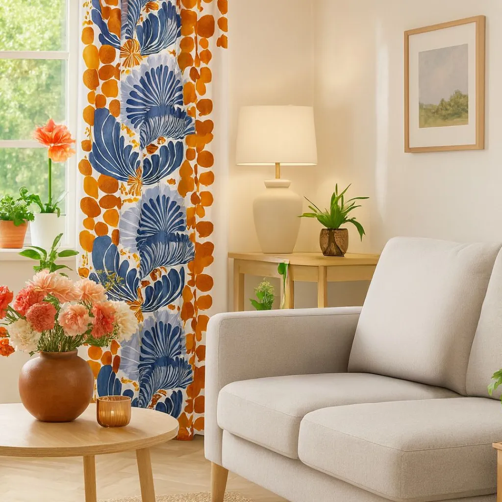 Arvidssons textil Gardiner Mönstrade|Lisette blå/orange gardiner - mönster i retrostil