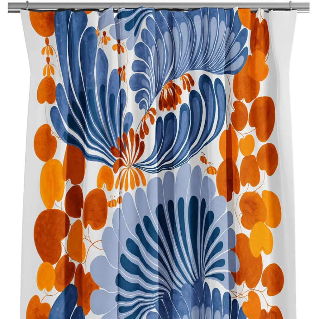 Arvidssons textil Gardiner Mönstrade|Lisette blå/orange gardiner - mönster i retrostil
