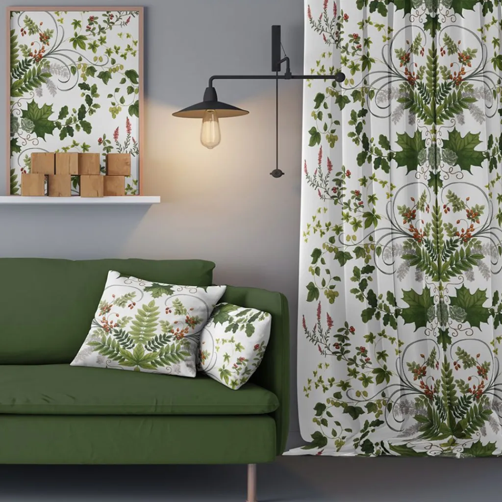 Arvidssons textil Gardiner Mönstrade|Julgardiner|Lövsång grön gardiner