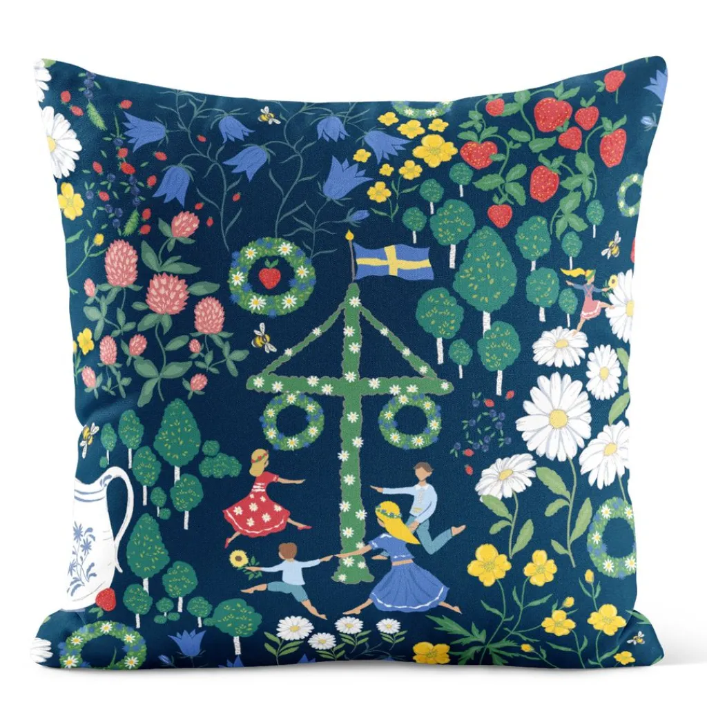 Arvidssons textil Mönstrade Kuddfodral|Midsommardans blå kuddfodral
