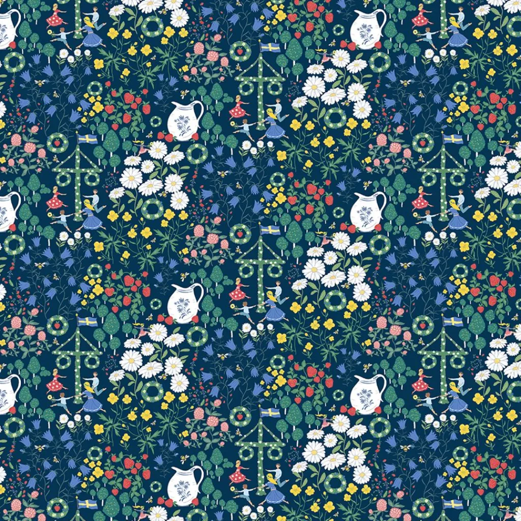 Arvidssons textil Gardintyger Mönstrade|Arvidssons Textil|Midsommardans blå tyg