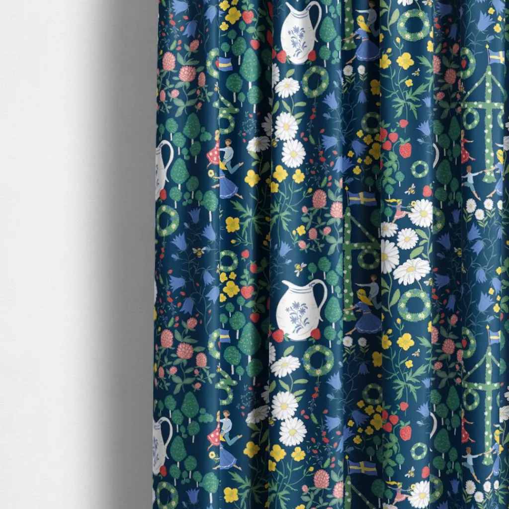 Arvidssons textil Gardintyger Mönstrade|Arvidssons Textil|Midsommardans blå tyg