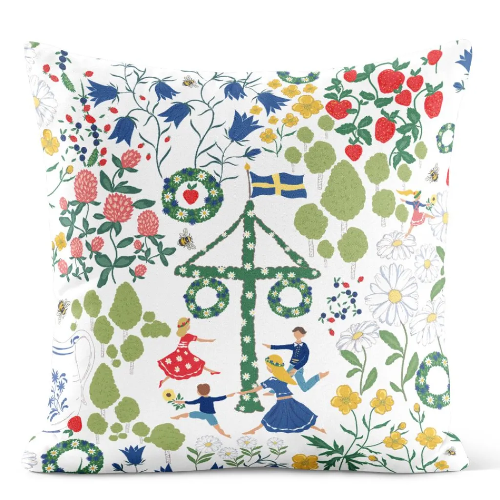 Arvidssons textil Mönstrade Kuddfodral|Midsommardans vit kuddfodral