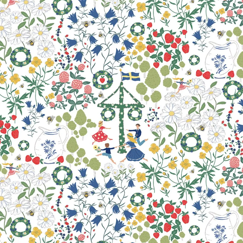 Arvidssons textil Mönstrade Kuddfodral|Midsommardans vit kuddfodral