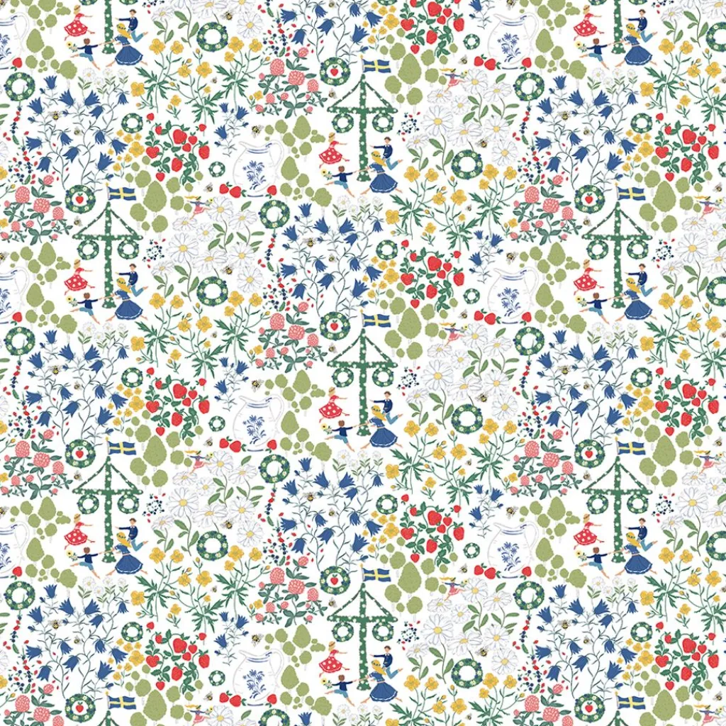 Arvidssons textil Gardintyger Mönstrade|Arvidssons Textil|Midsommardans vit tyg