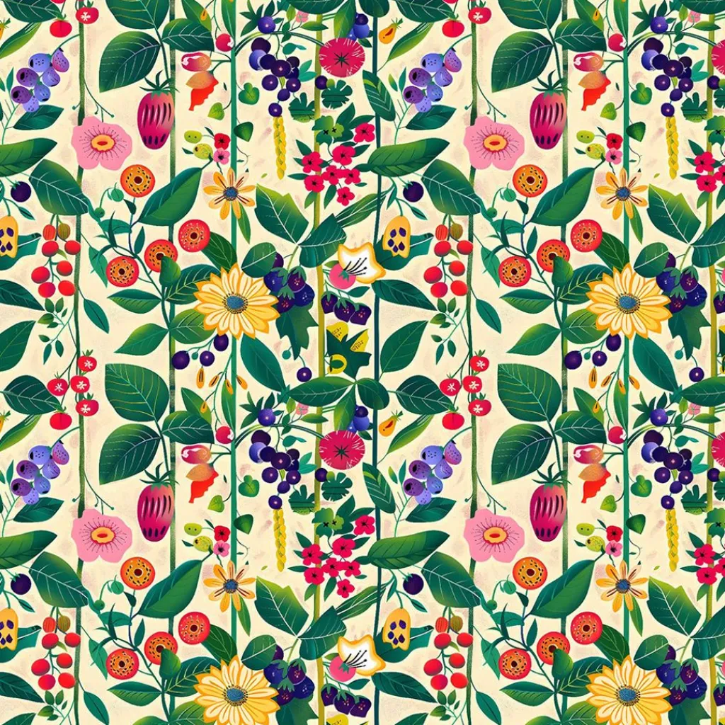 Nordisk Textil Gardintyger Mönstrade|Nordisk Flora tyg - skandinaviska bär och blommor